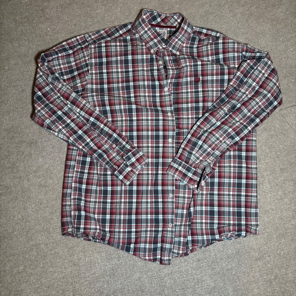 Cinch Mens Plaid Button Down Shirt Red Grey White Long Sleeve Cotton Size Medium